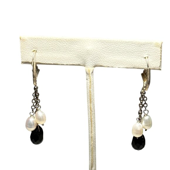 Sterling Silver Dangle Earrings Black Onyx Teardrop Freshwater Pearl Drop - Picture 2 of 6